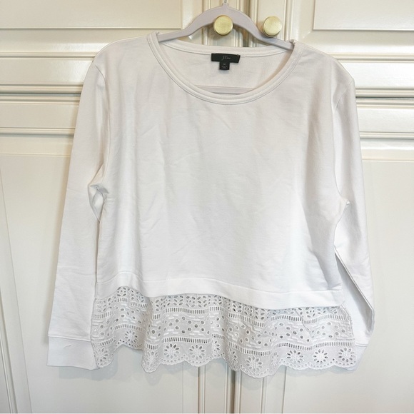J.Crew Women’s White Pull-over Long Sleeved Blouse Tee Peplum Eyelet Lace Trim - Picture 2 of 11
